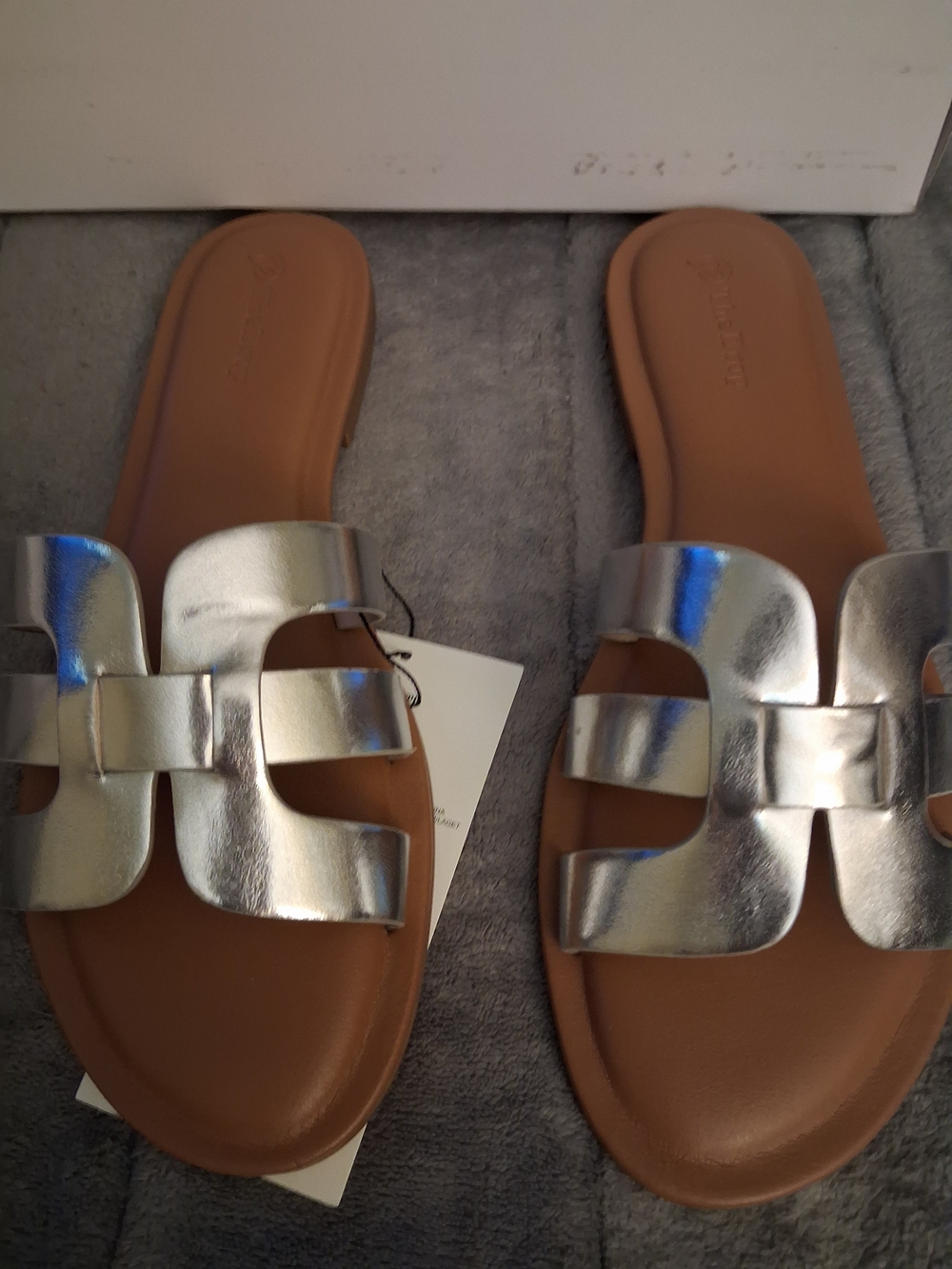 Women’s Metallic Silver Slide Sandals with Tan Footbed
